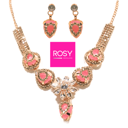 Rosy Handcrafted Rose Gold Plated Necklace Jewellery Set with Heart Shaped Pendant and Earrings, AD, Pink - Image 2