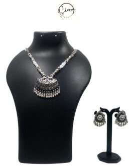 SIERRA Handcrafted Necklace Jewellery with Ear Rings, Oxidized, Bust Pendant, White AD and Pearls