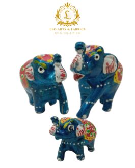 Handcrafted Paper Mache Elephant Family Figurines, Set of 3, Feroze Blue