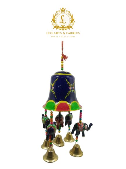 Handcrafted Large Wind chime, Navy Blue, with Multicolored Elephants, Bells, 30cm - Image 2