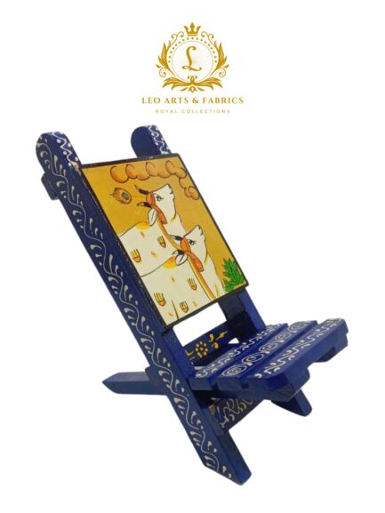 Handcrafted Wooden Chair Mobile Stand - Kamdhenu Design, Blue, L 23.5cm, W 9.5cm, H 4cm - Image 2