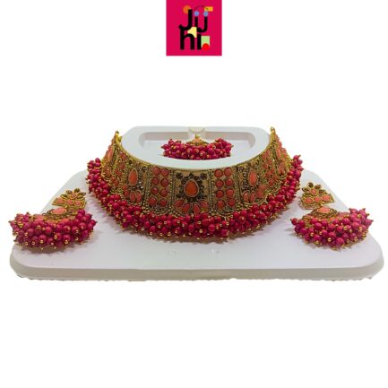 Juhi Handcrafted Gold Plated Necklace Jewellery Set with Earrings And Mangtika, Pink beads, AD - Image 2