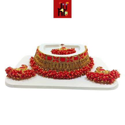 Juhi Handcrafted Gold Plated Necklace Jewellery Set with Earrings And Mangtika, Red beads, AD - Image 2