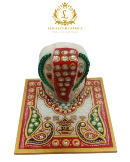 Handcrafted Marble Chowki with Ganesh Figurine, 10cm x 10cm x 9.5cm