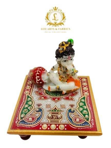 Handcrafted Marble Chowki with Krishna Idol, 10 x 10 x 3 cm Chowki, 8 x 4 x 7 cm Krishna Idol - Image 2