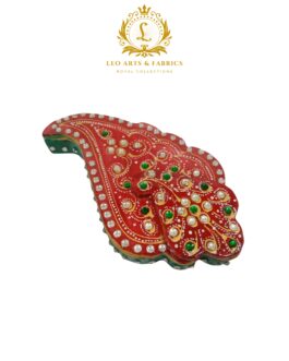 Handmade Marble Meenakari Ganapati Chopda, 13cm x 8cm x 3cm, Red with Green and Pearl Embellishments