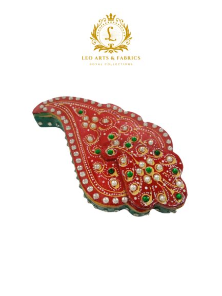 Handmade Marble Meenakari Ganapati Chopda, 13cm x 8cm x 3cm, Red with Green and Pearl Embellishments - Image 2