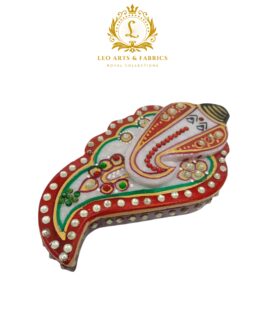 Handmade Marble Meenakari Chopda Ganapati Figurine, 13cm x 8cm x 3cm