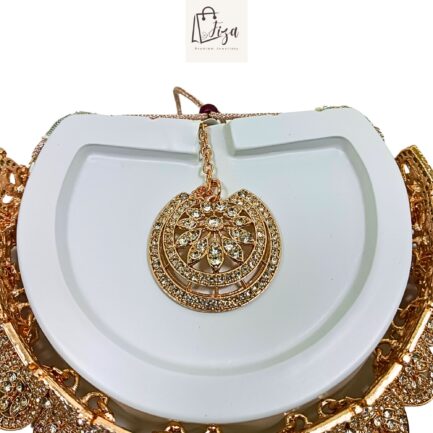 Fiza Handcrafted Gold Plated Necklace Jewellery Set with Earrings And Mangtika, White AD, Rose Gold - Image 2