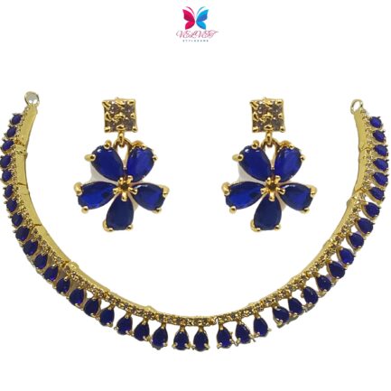 VELVET Handcrafted Gold Plated Necklace Set, White AD, Blue Stone - Image 2