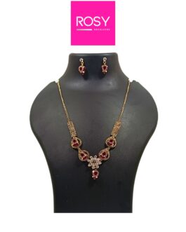 Rosy Handcrafted Rose Gold Plated Necklace Jewellery Set with Heart Shaped Pendant and Earrings, AD, Red