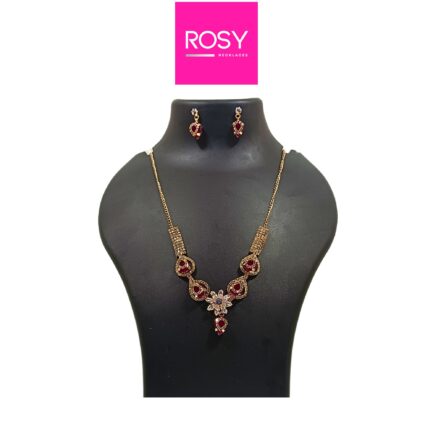 Rosy Handcrafted Rose Gold Plated Necklace Jewellery Set with Heart Shaped Pendant and Earrings, AD, Red - Image 2