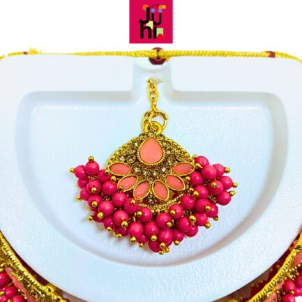 Juhi Handcrafted Gold Plated Necklace Jewellery Set with Earrings And Mangtika, Pink beads, AD - Image 3