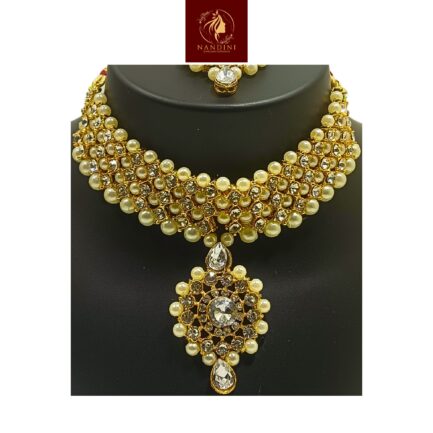 Nandini Handcrafted Gold Plated Necklace Jewellery Set with Long Chain, Earrings And Mangtika, Clear AD, Pearl Off-White - Image 3