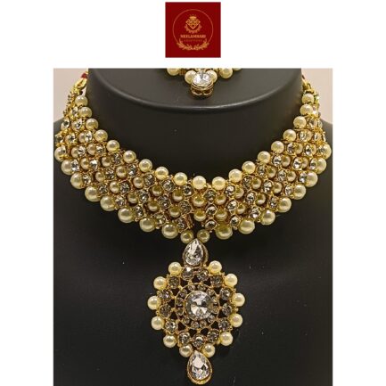 Nandini Handcrafted Gold Plated Necklace Jewellery Set with Long Chain, Earrings And Mangtika, AD Brown, Sapphire, Pearl Off-White - Image 3