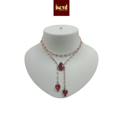 Iseul Showline - Handcrafted Rose Gold Short Necklace Set with Heart Shape Pendant, matching Earrings, Red - Image 2