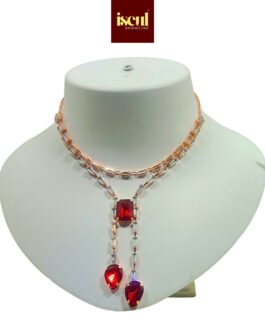 Iseul Showline – Handcrafted Rose Gold Short Necklace Set with Rectangular Pendant, matching Earrings, Red