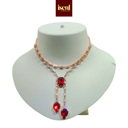 Iseul Showline - Handcrafted Rose Gold Short Necklace Set with Rectangular Pendant, matching Earrings, Red - Image 2