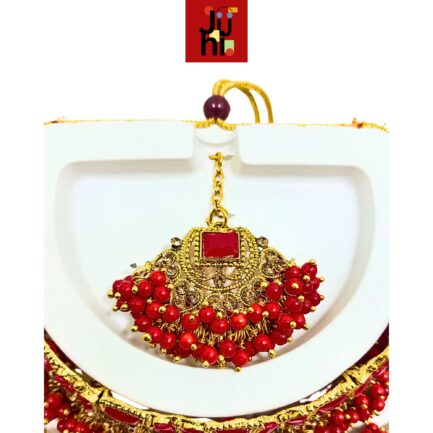 Juhi Handcrafted Gold Plated Necklace Jewellery Set with Earrings And Mangtika, Red beads, AD - Image 3