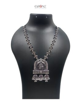 Ozone Handcrafted Long Necklace Jewellery Set with Earrings, Oxidized, Radhe Krishna Pendant