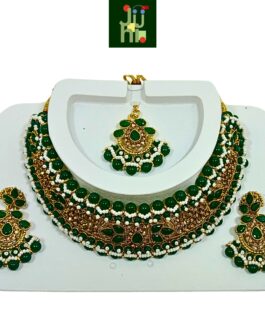 Juhi Handcrafted Gold Plated Necklace Jewellery Set with Earrings And Mangtika, Green beads, AD, Pearls