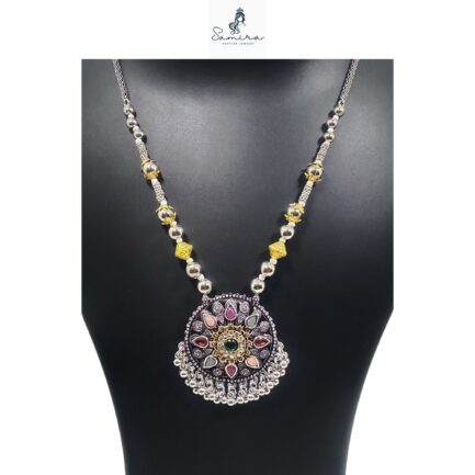 SAMIRA Handcrafted Necklace Jewellery Set with Ear Rings Oxidized Round Pendant - Image 2