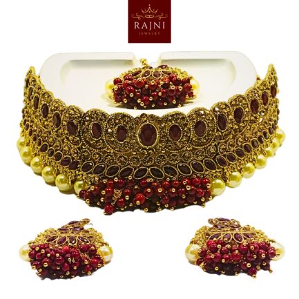 Rajni Handcrafted Gold Plated Necklace Jewellery Set with Earrings And Mangtika, Beads, Pearl, AD, Multicolour - Image 2