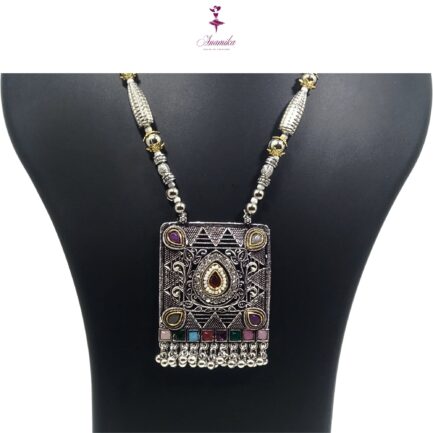 ANAMIKA Handcrafted Necklace Jewellery Set with Ear Rings, Ozidized, Square Pendant, AD White, Pearls - Image 3