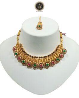 Artik Hallmark – Handcrafted Gold Plated AD Spiral Necklace Set with Earrings And Mangtika, AD, Multicolour, Suited for Party Wedding Festive for Women