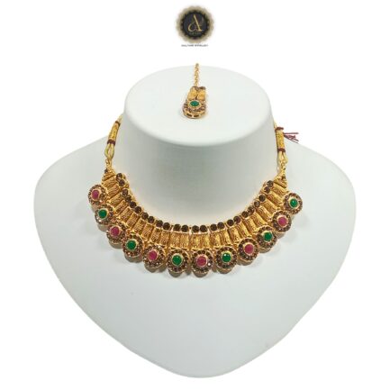 Artik Hallmark - Handcrafted Gold Plated AD Spiral Necklace Set with Earrings And Mangtika, AD, Multicolour, Suited for Party Wedding Festive for Women - Image 2