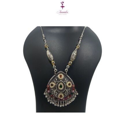 ANAMIKA Handcrafted Necklace Jewellery Set with Ear Rings, Oxidized, Oval Pendant,  Multicolored Stones, Pearls - Image 3