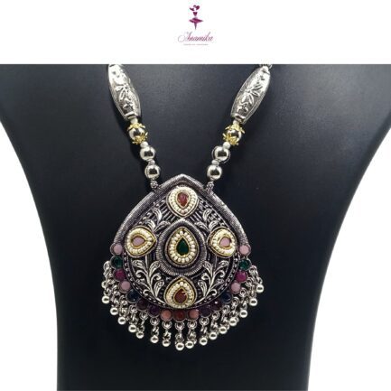 ANAMIKA Handcrafted Necklace Jewellery Set with Ear Rings, Oxidized, Oval Pendant,  Pearls, Stones Green, Pink, Purple - Image 4