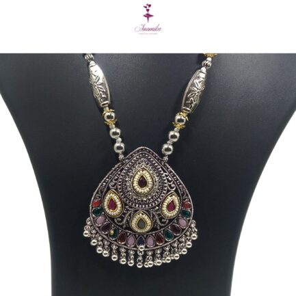 ANAMIKA Handcrafted Necklace Jewellery Set with Ear Rings, Oxidized, Oval Pendant, AD Pearls, Pink, Purple, Grey - Image 3