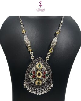 ANAMIKA Handcrafted Necklace Jewellery Set with Ear Rings, Oxidized, Tear-Drop Pendant, AD Pearls, Green, Purple, Red