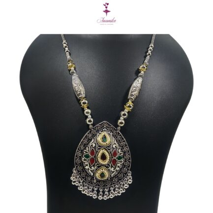 ANAMIKA Handcrafted Necklace Jewellery Set with Ear Rings, Oxidized, Tear-Drop Pendant, AD Pearls, Green, Purple, Red - Image 2