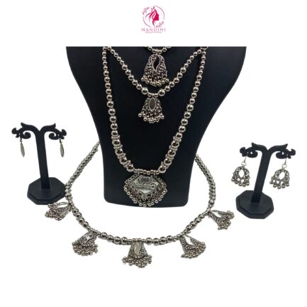 Nandini Women's Traditional Jewellery Set with Necklaces, Earrings, and Bracelets, Silver Tone - Image 3