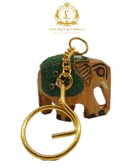 Handcrafted Wooden Elephant Key Chain, Decorative, Bajni Design, Green, 6.5 cm x 6 cm x 4.5 cm