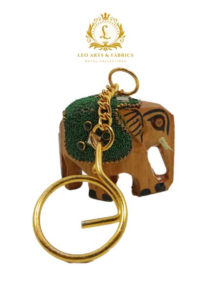 Handcrafted Wooden Elephant Key Chain, Decorative, Bajni Design, Green, 6.5 cm x 6 cm x 4.5 cm - Image 2