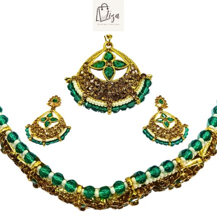 Fiza Handcrafted Gold Plated Guluband Jewellery Set with Earrings And Mangtika, AD, Pearl, Feroze Blue - Image 3