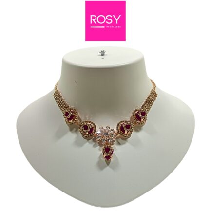 Rosy Handcrafted Rose Gold Plated Necklace Jewellery Set with Heart Shaped Pendant and Earrings, AD, Red - Image 3