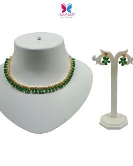 VELVET Handcrafted Gold Plated Necklace Set, White AD, Green Stone