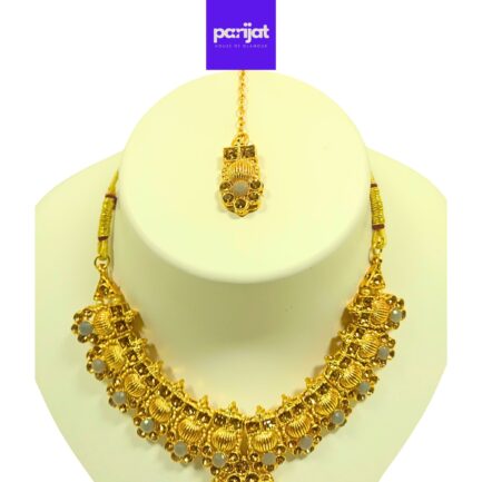 Parijat Elegant Handcrafted Gold Plated Necklace Jewellery Set with Earrings And Mangtika, Grey Stone - Image 3