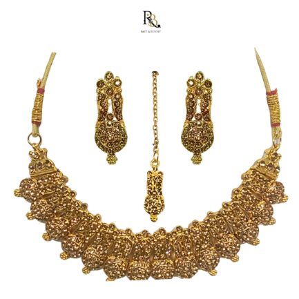 R&B Handcrafted Gold Plated Necklace Set with Earrings And Mangtika, AD Brown, Suited for Party Wedding Festive for Women - Image 5