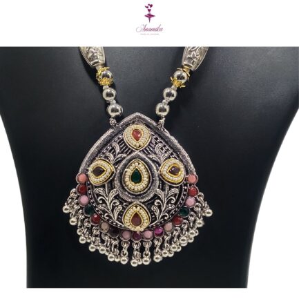 ANAMIKA Handcrafted Necklace Jewellery Set with Ear Rings, Oxidized, Oval Pendant,  Multicolored Stones, Pearls - Image 4