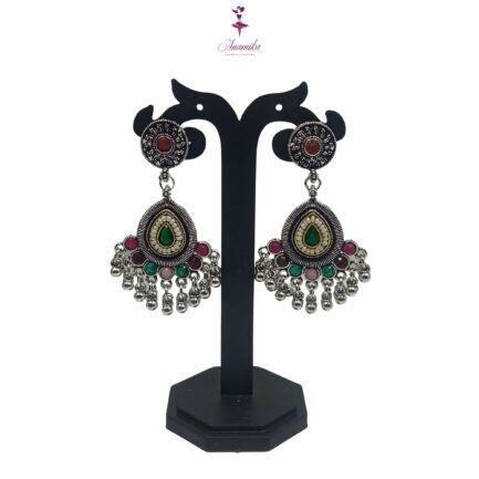 ANAMIKA Handcrafted Necklace Jewellery Set with Ear Rings, Oxidized, Oval Pendant,  Pearls, Stones Green, Pink, Purple - Image 5