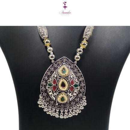 ANAMIKA Handcrafted Necklace Jewellery Set with Ear Rings, Oxidized, Tear-Drop Pendant, AD Pearls, Green, Purple, Red - Image 3