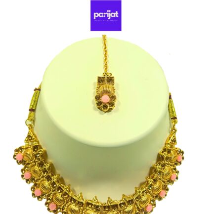 Parijat Elegant Handcrafted Gold Plated Necklace Jewellery Set with Earrings And Mangtika, Baby Pink Stone - Image 3