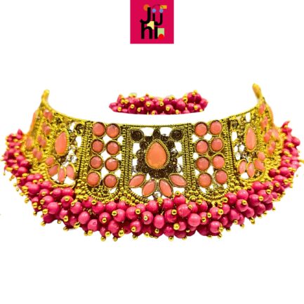 Juhi Handcrafted Gold Plated Necklace Jewellery Set with Earrings And Mangtika, Pink beads, AD - Image 4