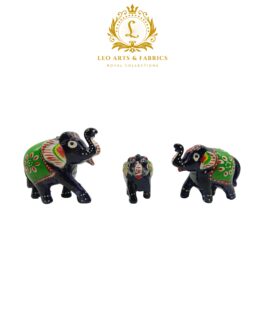 Handcrafted Paper Mache Elephant Family Figurines, Set of 3, Black with Green Colour