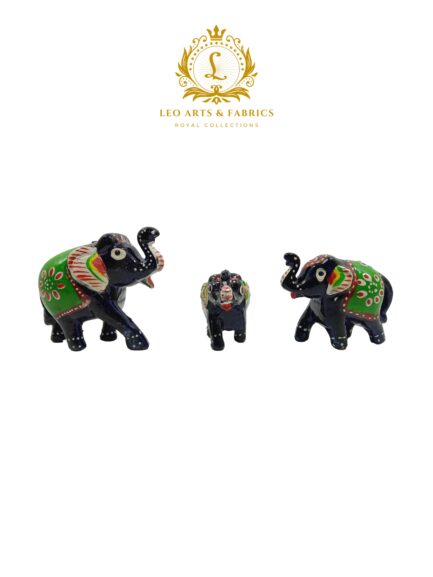 Handcrafted Paper Mache Elephant Family Figurines, Set of 3, Black with Green Colour - Image 2